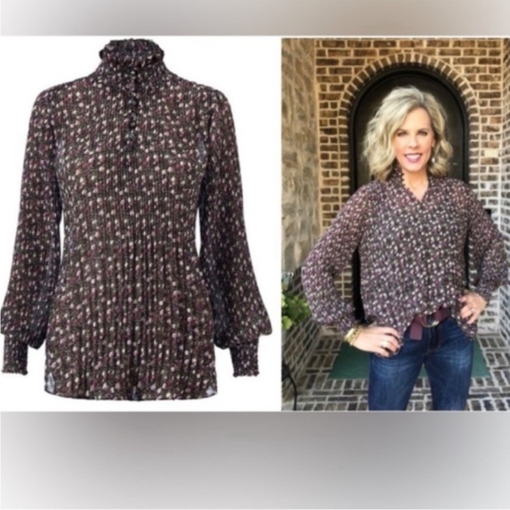 Cabi Knife Pleat Floral Print Long Sleeve Top Style #3952